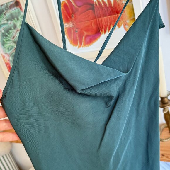 Dark Green Silky Cowl Neck Spaghetti Strap Open Back Midi Dress - Picture 8 of 11